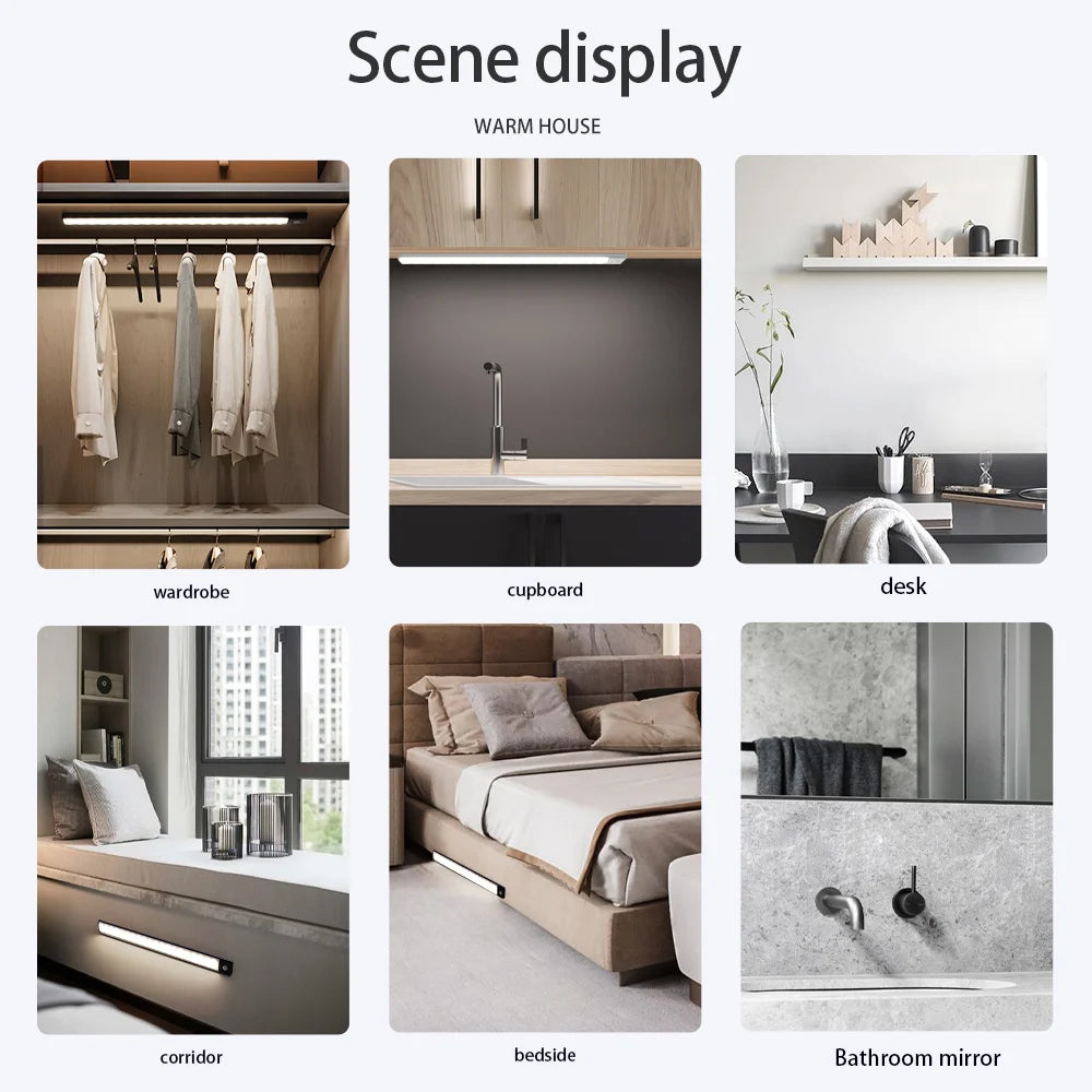 Wireless LED Motion Sensor Night Light USB Rechargeable under Cabinet Wardrobe Lamp Eye Catching Kitchen Backlight use for kitchen cabinet bathroom bedroom LED light
