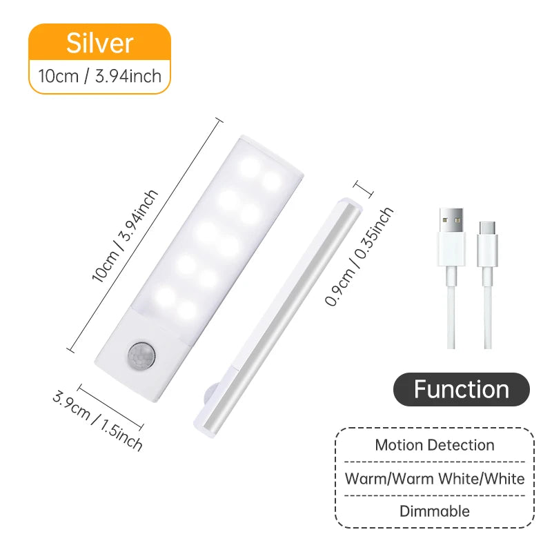Wireless LED Motion Sensor Night Light USB Rechargeable under Cabinet Wardrobe Lamp Eye Catching Kitchen Backlight use for kitchen cabinet bathroom bedroom LED light