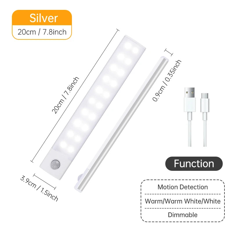 Wireless LED Motion Sensor Night Light USB Rechargeable under Cabinet Wardrobe Lamp Eye Catching Kitchen Backlight use for kitchen cabinet bathroom bedroom LED light