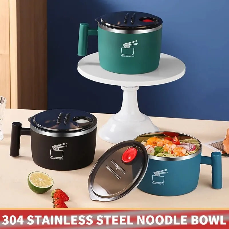 Stainless Steel Bowl with Lid for Instant Noodles Portable Sealed Drain Kitchen Utensil Eco-Friendly Aluminum Alloy Dinnerware