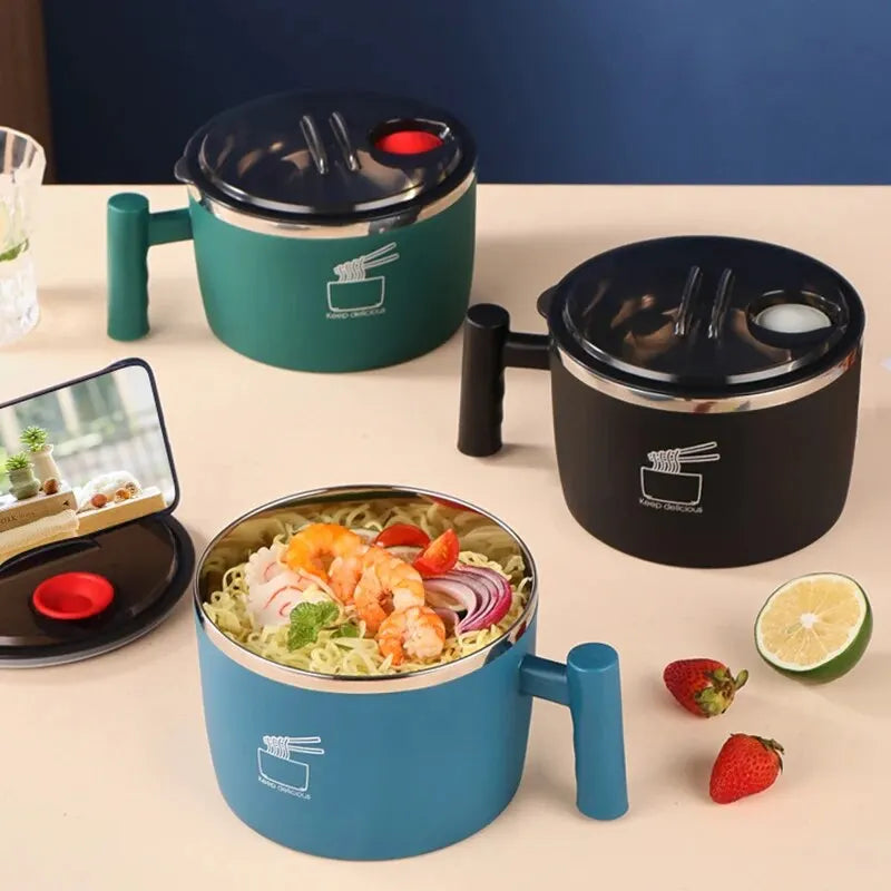 Stainless Steel Bowl with Lid for Instant Noodles Portable Sealed Drain Kitchen Utensil Eco-Friendly Aluminum Alloy Dinnerware