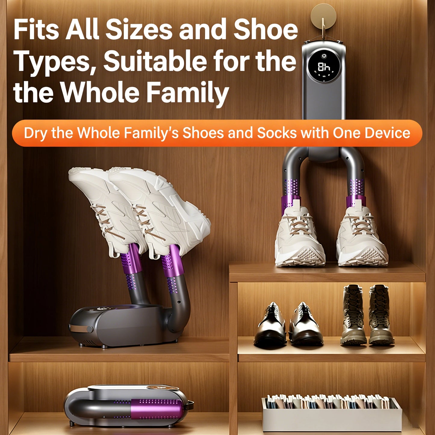 Smart Shoe Dryer with UV Sterilization Fast Drying Constant Temp Quiet Operation Fits All Shoes (Trainers/Boots) with Smart Timer Odor Kill for All Seasons antibacterial UV light 3 in 1 noise reduction quick dry for family
