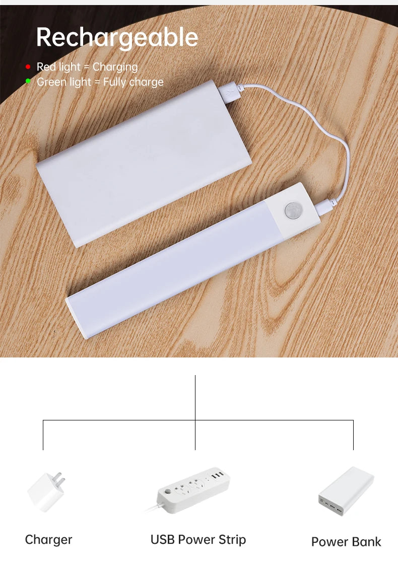 Wireless LED Motion Sensor Night Light USB Rechargeable under Cabinet Wardrobe Lamp Eye Catching Kitchen Backlight use for kitchen cabinet bathroom bedroom LED light