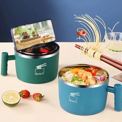 Stainless Steel Bowl with Lid for Instant Noodles Portable Sealed Drain Kitchen Utensil Eco-Friendly Aluminum Alloy Dinnerware